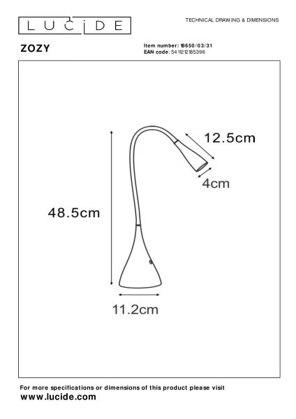 Lucide ZOZY - Lampe de bureau - LED Dim. - 1x4W 3000K - Blanc - TECHNISCH